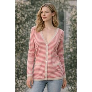 Talbots Petite Pink & Cream Striped Merino Wool Cardigan Pure Italian Merino Med